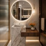 Marble Cube Vanity with Round Mirror