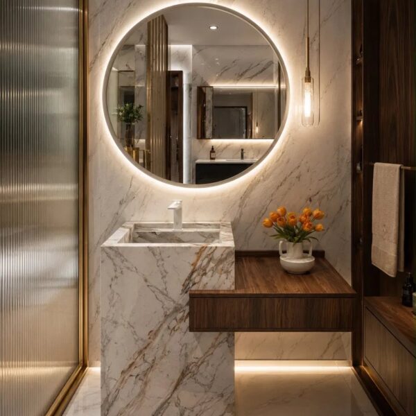 Marble Cube Vanity with Round Mirror