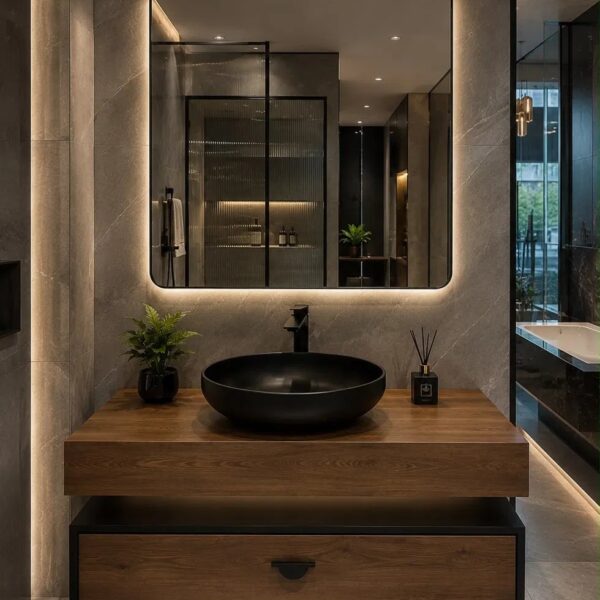Wood Vanity with Black Vessel Sink