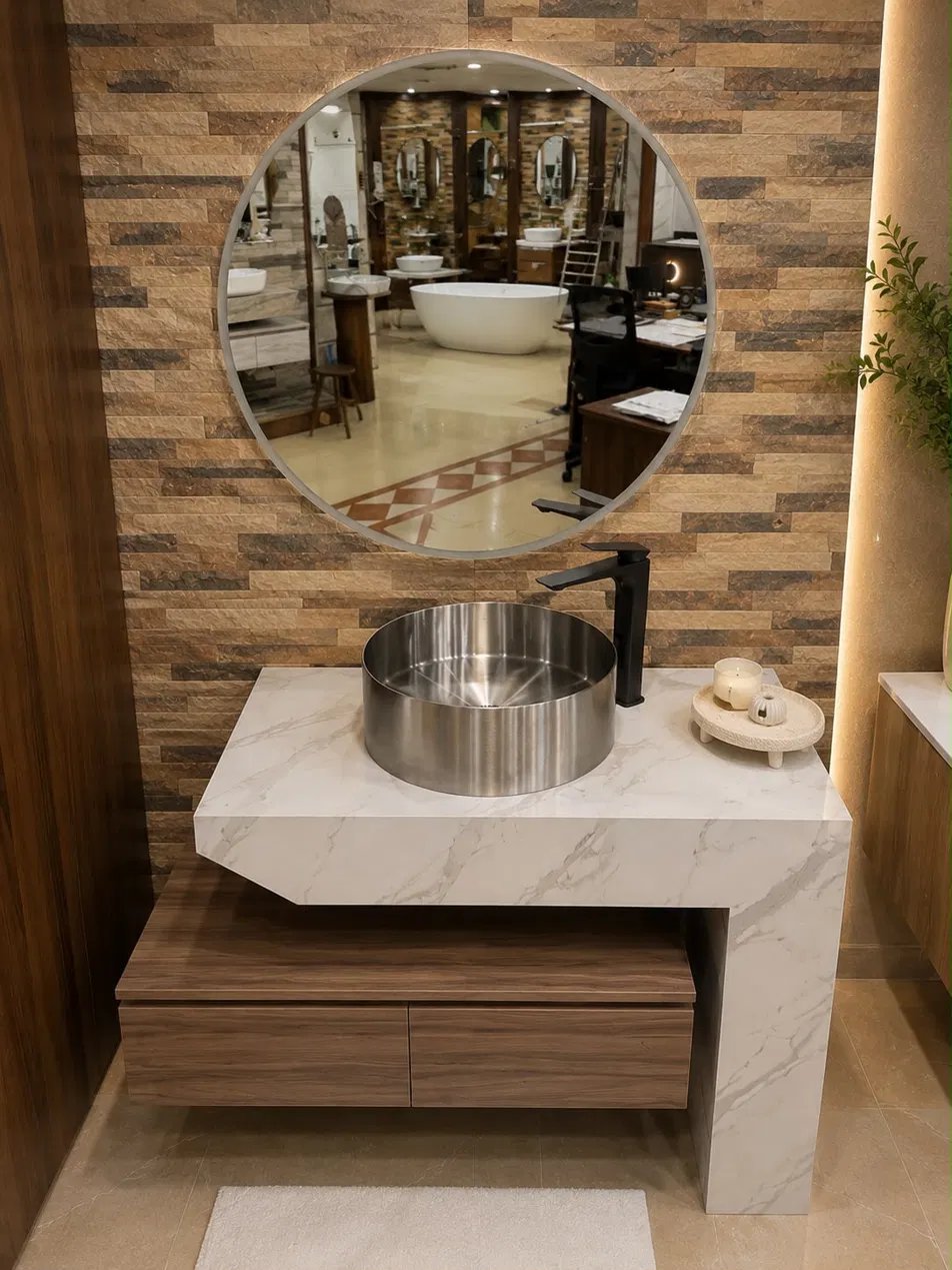 Marble Top Vanity with Steel Vessel Marble Top Vanity with Steel Vessel