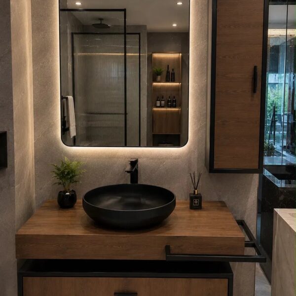 Wood Vanity with Black Bowl Sink
