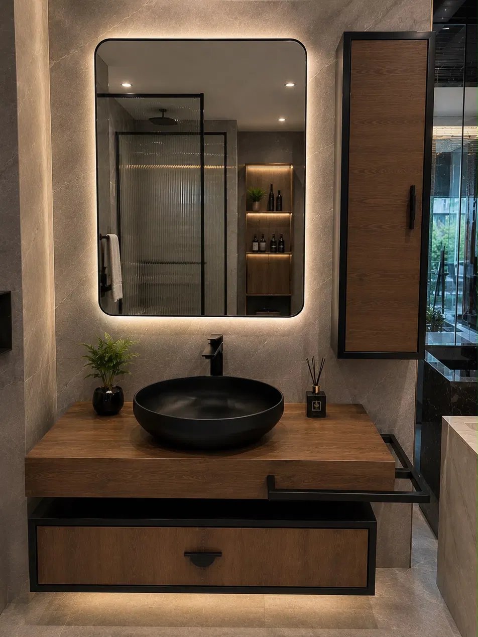 Wood Vanity with Black Bowl Sink Wood Vanity with Black Bowl Sink