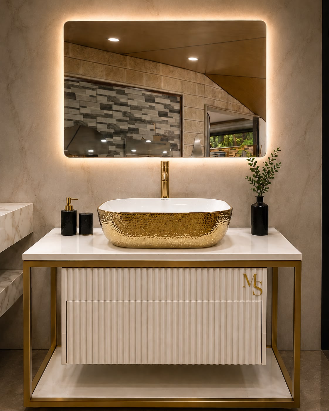 Luxury Gold Basin Vanity with Illuminated Mirror Luxury Gold Basin Vanity with Illuminated Mirror