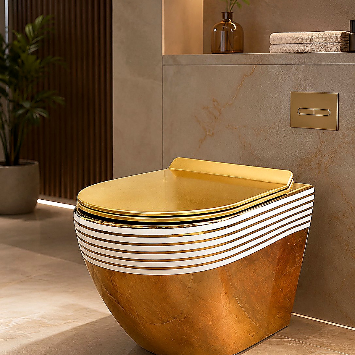 Gold & White Striped Wall Hung WC Gold & White Striped Wall Hung WC